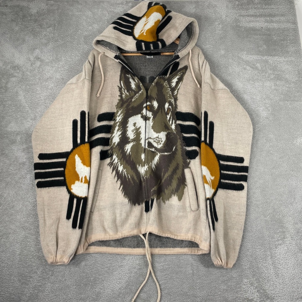 Inka Gold Arts Hoodie Mens XL Beige Alpaca Wool Wolf Aztec Zia Sun Southwest